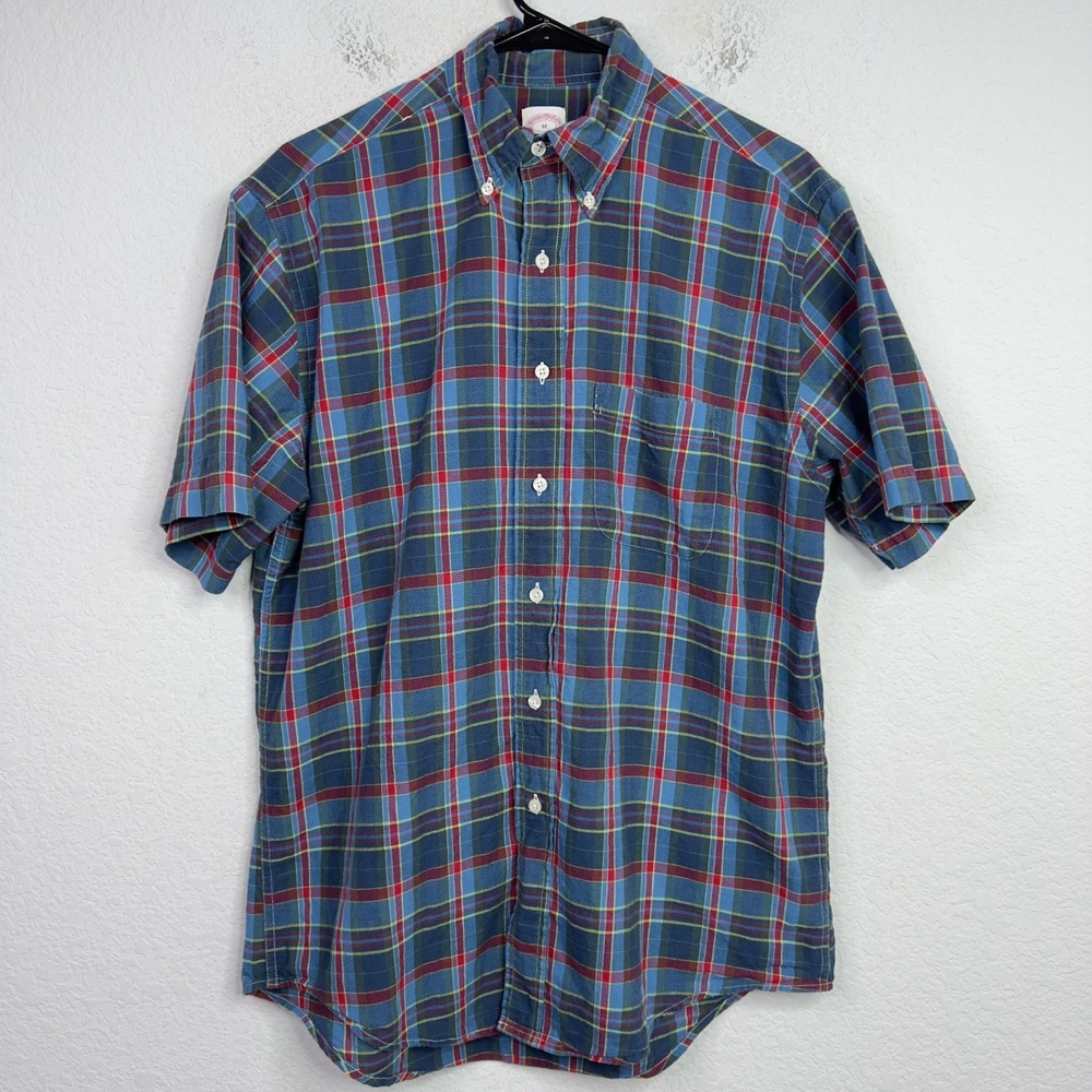 Brooks Brothers Shirt Mens M Blue Plaid Short Sleeve Button Preppy Nerdy Office